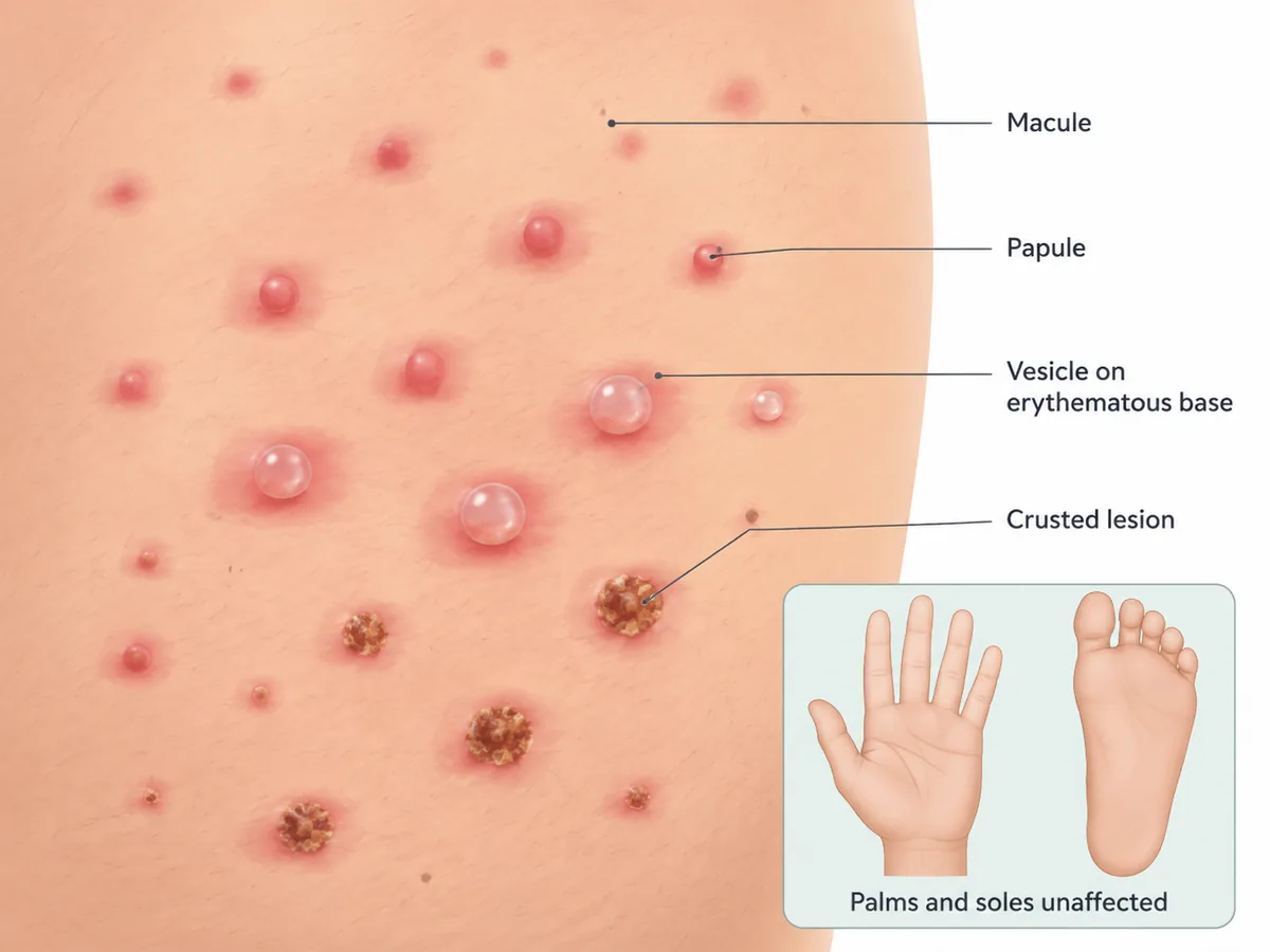 A patch of trunk skin showing macules, raised papules, clear vesicles on an erythematous base, and crusted lesions all present in the same field, with each stage labelled and an inset showing the palms and soles unaffected