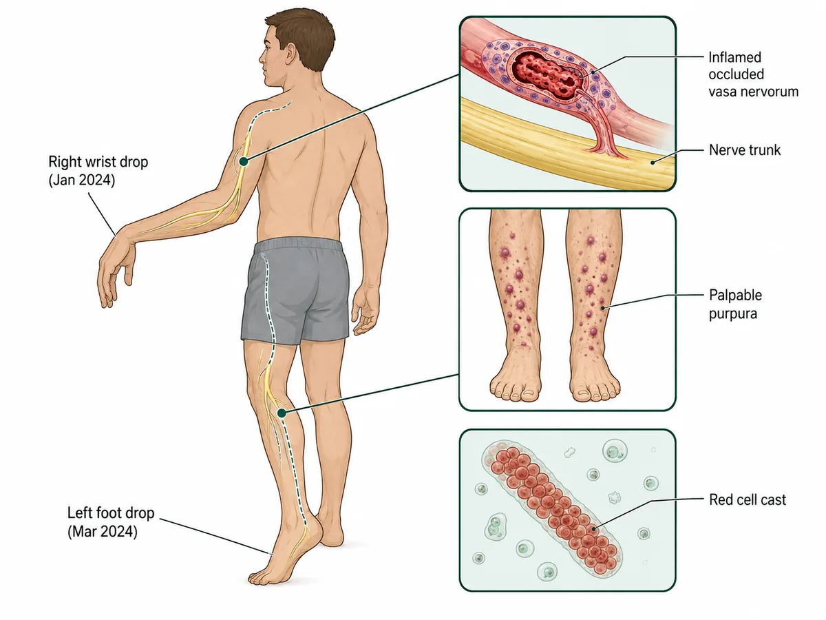 A figure showing a right wrist drop and a left foot drop marked at different times, with an inset of an inflamed occluded vasa nervorum feeding a nerve trunk, alongside panels of palpable purpura on the shins and a urine microscopy field with a red cell cast