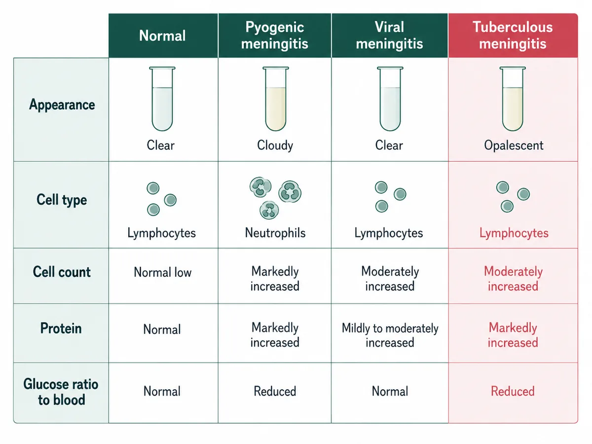 A four-column table of cerebrospinal fluid findings across normal, pyogenic, viral and tuberculous meningitis, with rows for appearance, cell type and count, protein and the glucose ratio to blood, with the tuberculous column highlighted for lymphocytes with markedly raised protein and low glucose