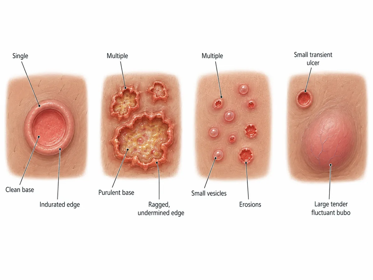 A four-panel comparison: syphilitic chancre single, painless, indurated with a clean base; chancroid multiple, painful, ragged and undermined with a purulent base; herpes multiple small painful vesicles and erosions; and lymphogranuloma venereum with a small transient ulcer and a large tender fluctuant bubo