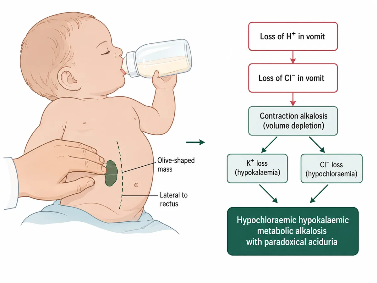 Two linked panels: an infant feeding from a bottle with an examiner's hand palpating an olive-shaped mass in the right upper quadrant lateral to the rectus, and a flow diagram of loss of hydrogen and chloride in vomit leading to hypochloraemic hypokalaemic metabolic alkalosis with paradoxical aciduria