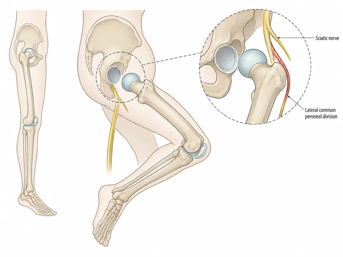 A lateral view of the hip showing the femoral head displaced posteriorly out of the acetabulum with the limb flexed, adducted and internally rotated, and the sciatic nerve running behind it with the lateral common peroneal division highlighted as the part compressed