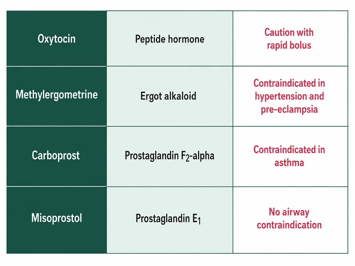 A four-row table of uterotonics with their class and main contraindication: oxytocin with caution over rapid bolus, methylergometrine an ergot alkaloid contraindicated in hypertension and pre-eclampsia, carboprost a prostaglandin F2-alpha contraindicated in asthma, and misoprostol a prostaglandin E1 with no airway contraindication