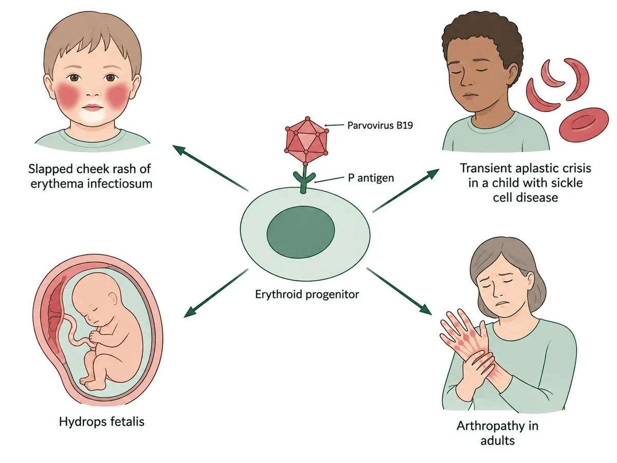 A central panel of parvovirus B19 binding the P antigen on an erythroid progenitor, with four arrows to its consequences: slapped cheek rash of erythema infectiosum, transient aplastic crisis in a child with sickle cell disease, hydrops fetalis, and arthropathy in adults