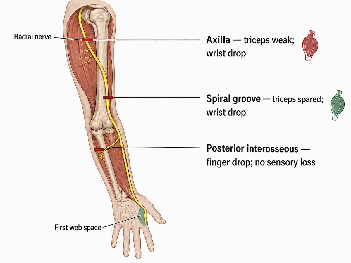The radial nerve traced from the axilla through the spiral groove to the forearm, with three lesion levels marked: axilla with triceps weak and wrist drop, spiral groove with triceps spared and wrist drop, and posterior interosseous with finger drop but no sensory loss, and the first web space shaded as the sensory territory