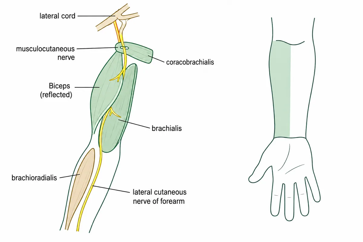The musculocutaneous nerve leaving the lateral cord, piercing coracobrachialis and running between biceps and brachialis, supplying all three, then continuing as the lateral cutaneous nerve of the forearm with its sensory territory shaded over the lateral forearm, and brachioradialis drawn separately in a different tone
