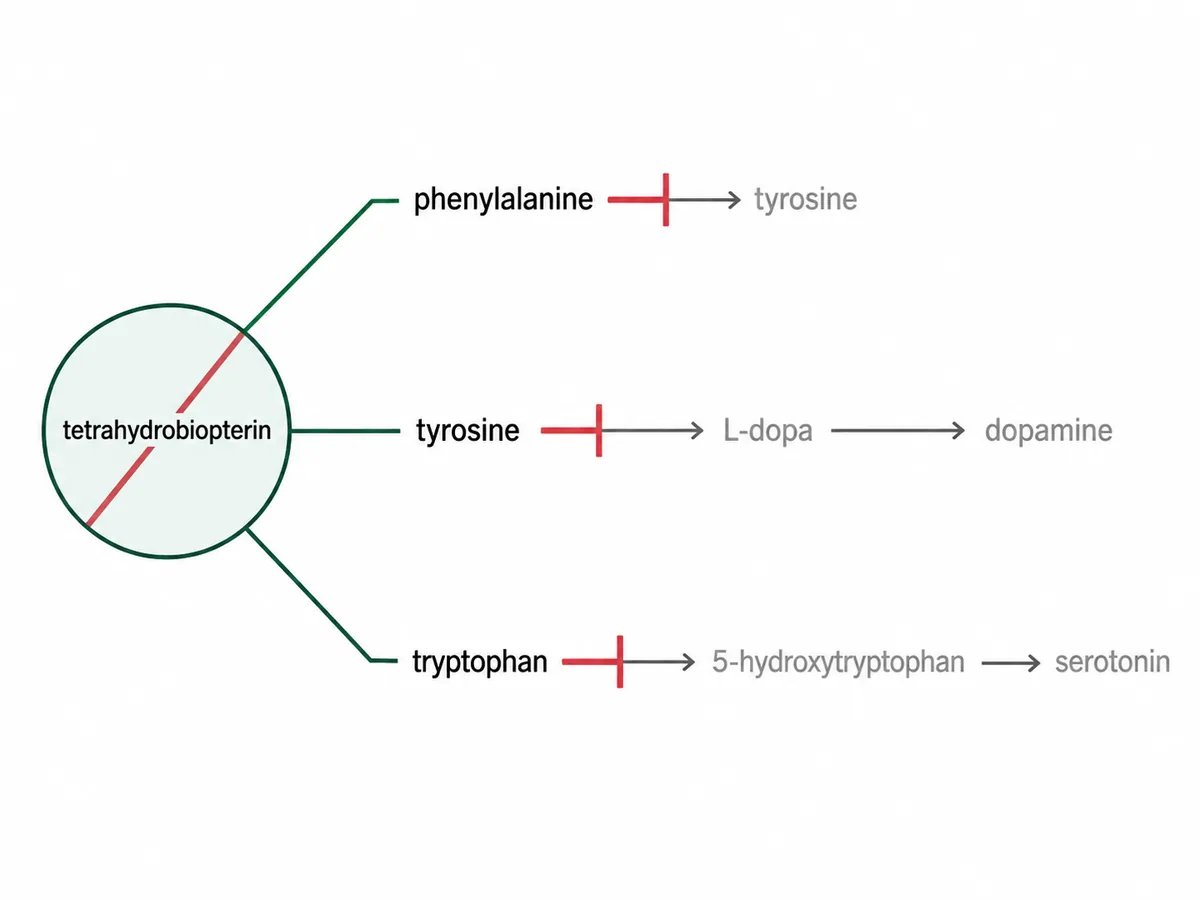A central tetrahydrobiopterin molecule feeding three parallel reactions: phenylalanine to tyrosine, tyrosine to L-dopa and on to dopamine, and tryptophan to 5-hydroxytryptophan and on to serotonin, with a red block on the cofactor showing all three pathways failing together