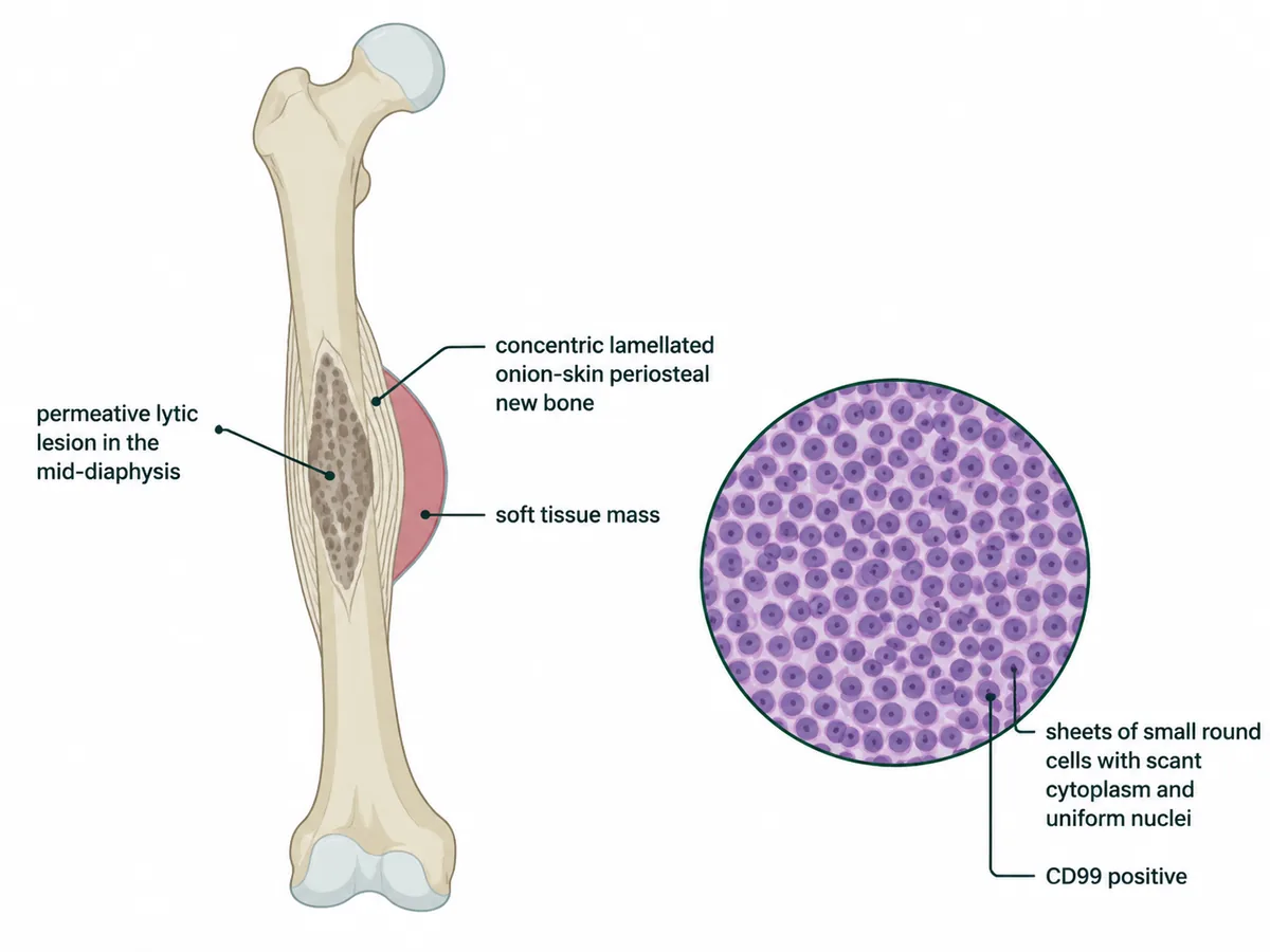 A femur radiograph diagram showing a permeative lytic lesion in the mid-diaphysis with concentric lamellated onion-skin periosteal new bone and a soft tissue mass, beside a histology inset of sheets of small round cells with scant cytoplasm and uniform nuclei labelled CD99 positive
