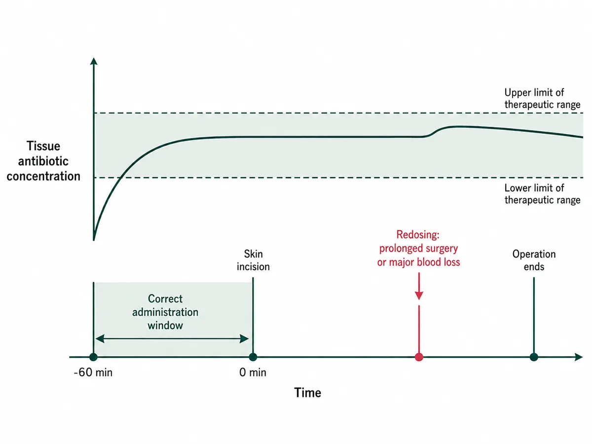 A timeline centred on the skin incision with a shaded window from sixty minutes before it marked as the correct administration period, a tissue concentration curve rising into the therapeutic band across the operation, and a redosing arrow marked for prolonged surgery or major blood loss