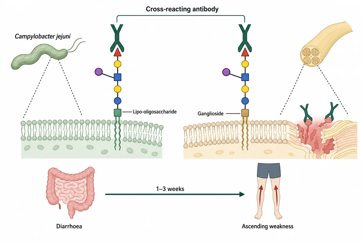 A Campylobacter cell with its surface lipo-oligosaccharide magnified beside a peripheral nerve ganglioside of near-identical structure, with antibodies generated against the bacterium shown binding the nerve, and a timeline of diarrhoea followed one to three weeks later by ascending weakness