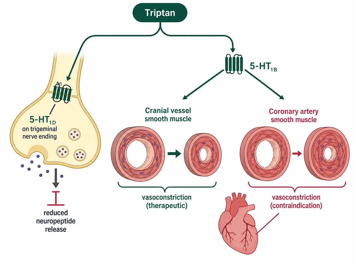 A trigeminovascular diagram showing 5-HT1D receptors on trigeminal nerve endings reducing neuropeptide release and 5-HT1B receptors on cranial vessel smooth muscle causing vasoconstriction, with a second arrow from the same 5-HT1B action to a coronary artery marked as the contraindication