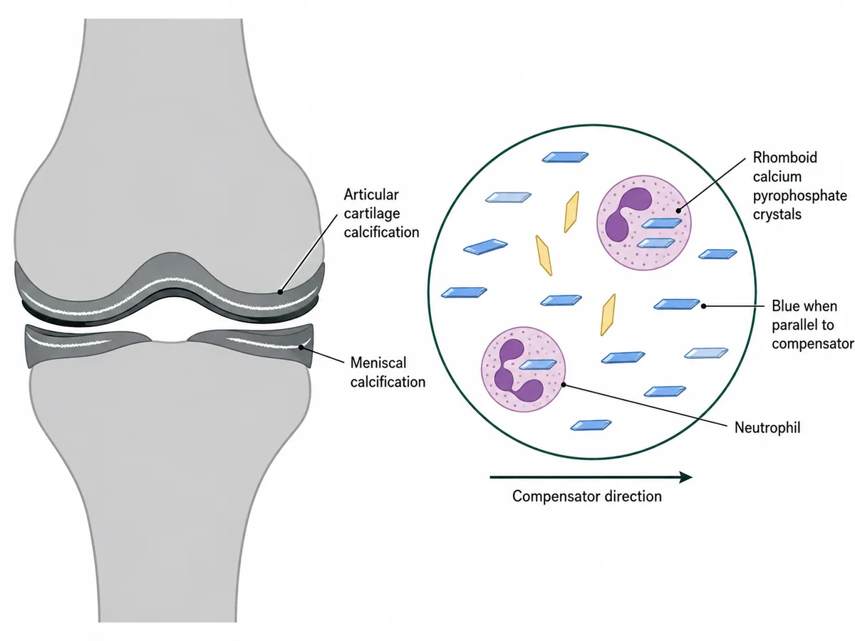 A knee radiograph diagram showing a fine white line of calcification within the articular cartilage and the meniscus, beside a polarised light microscopy inset of short rhomboid crystals appearing blue when aligned parallel to the compensator, some within neutrophils