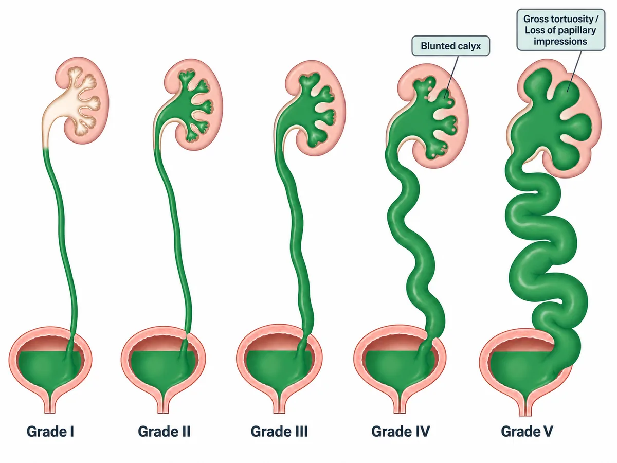 Five paired diagrams of bladder, ureter and collecting system showing grades one to five of vesicoureteric reflux, from contrast reaching the ureter only, through progressive dilatation, to gross tortuosity with loss of the papillary impressions, with the blunted calyx of grade four highlighted