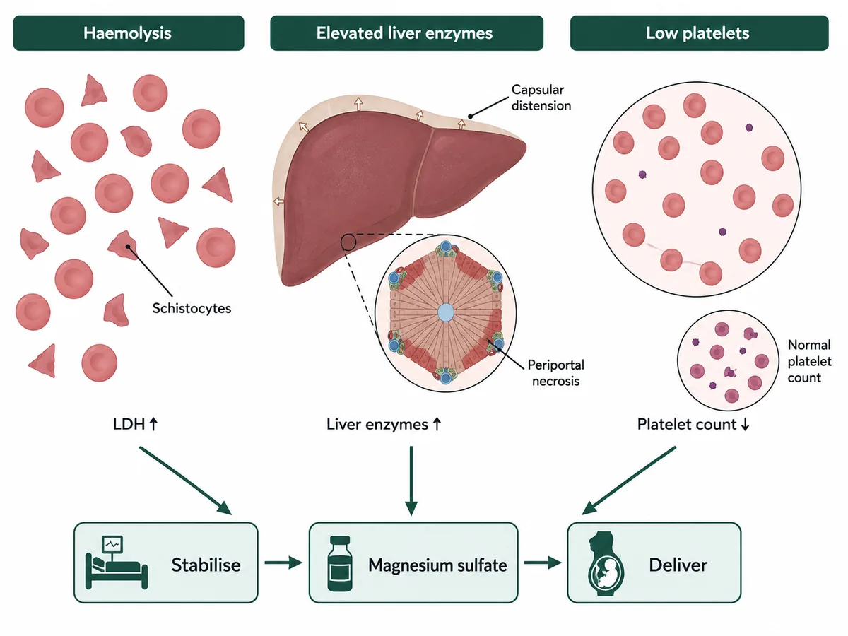 Three linked panels showing haemolysis with schistocytes on a blood film and a raised lactate dehydrogenase, elevated liver enzymes with a liver diagram marking periportal necrosis and capsular distension, and a low platelet count, converging on a management arrow reading stabilise, magnesium sulfate, deliver
