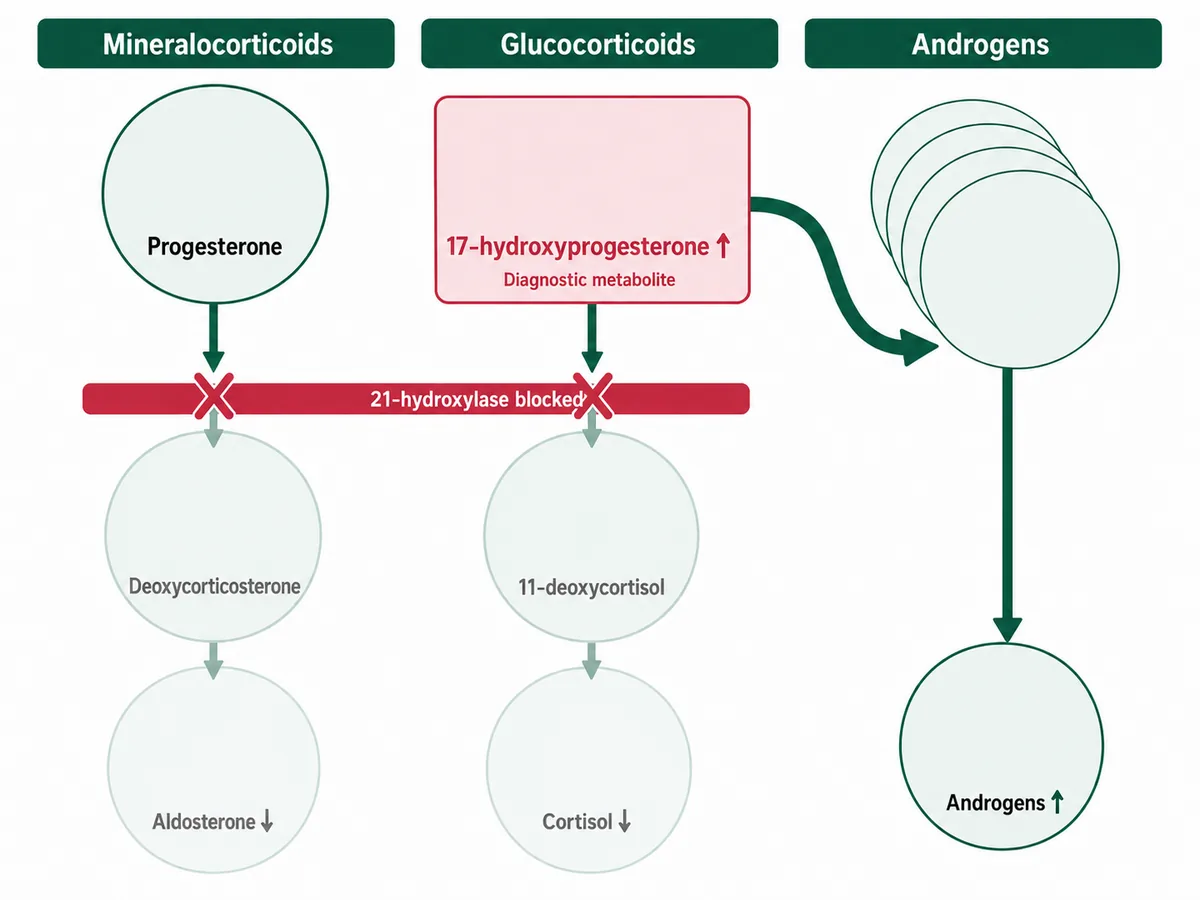 The adrenal steroid pathway drawn as three parallel columns for mineralocorticoids, glucocorticoids and androgens, with 21-hydroxylase blocked in red across the first two columns so aldosterone and cortisol fail, and accumulated precursors shown diverted into the androgen column with 17-hydroxyprogesterone marked as the diagnostic metabolite