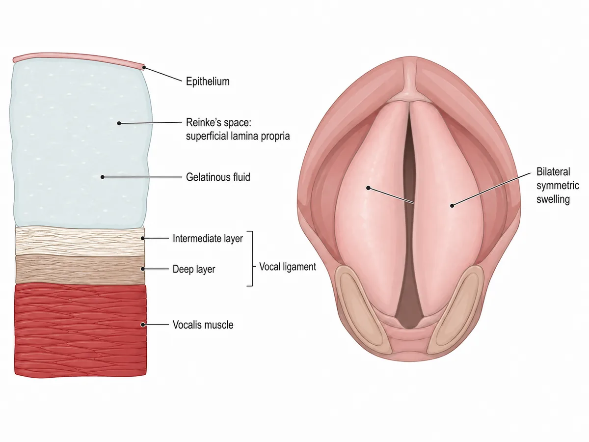 A coronal section through a vocal cord showing epithelium, the superficial lamina propria labelled Reinke's space, the intermediate and deep layers forming the vocal ligament, and the vocalis muscle, with the superficial layer distended by pale gelatinous fluid, beside a laryngoscopic view of both cords diffusely and symmetrically swollen