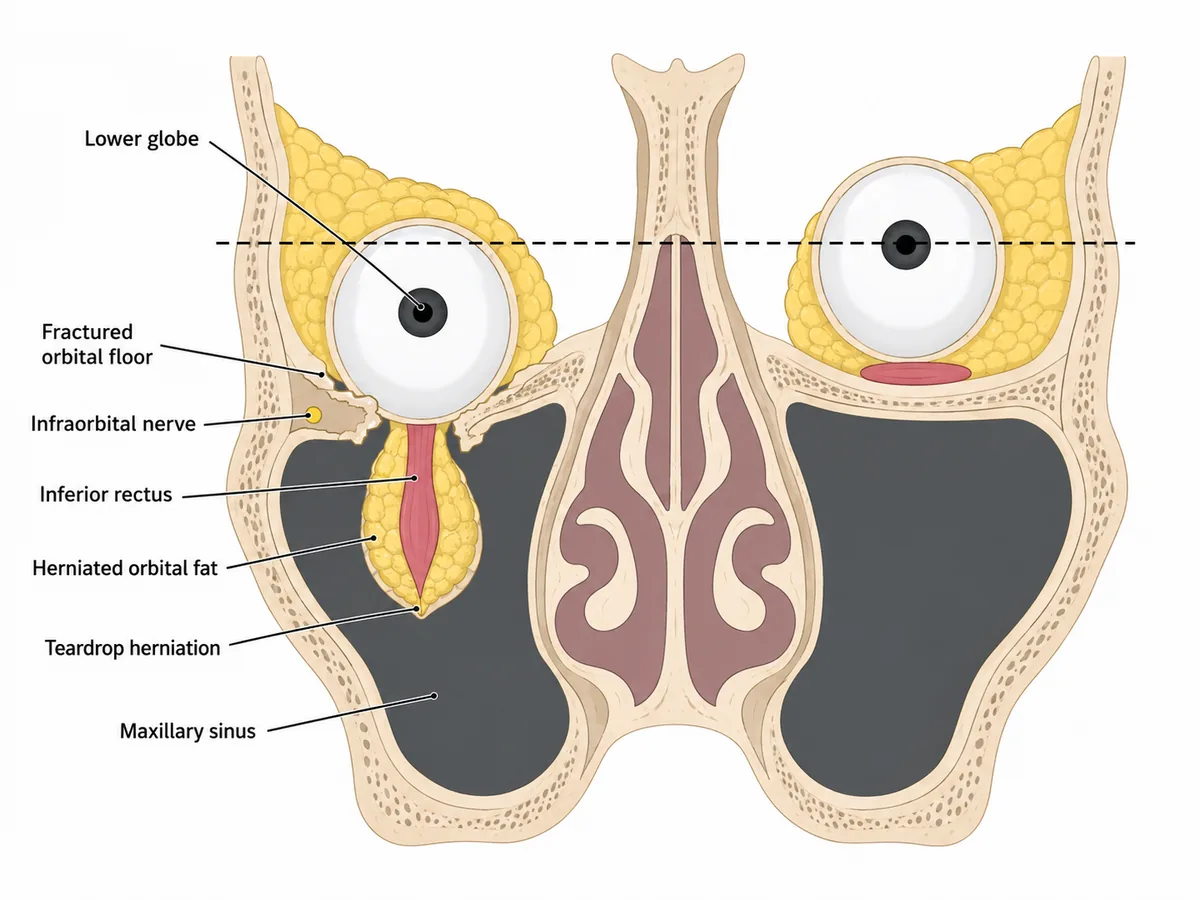 A coronal section through the orbit and maxillary sinus showing the orbital floor fractured downwards with inferior rectus and orbital fat herniating through into the sinus as a teardrop-shaped soft tissue mass, the globe sitting lower, and the infraorbital nerve marked running in the fractured floor